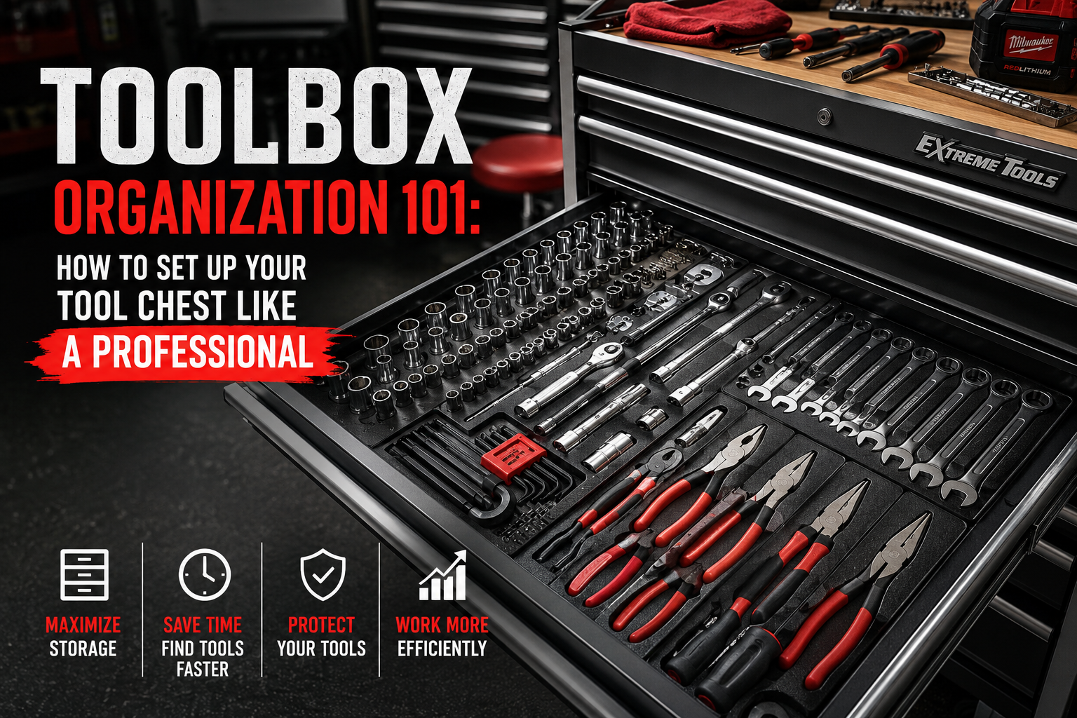 Organized professional tool chest with sockets wrenches and hand tools